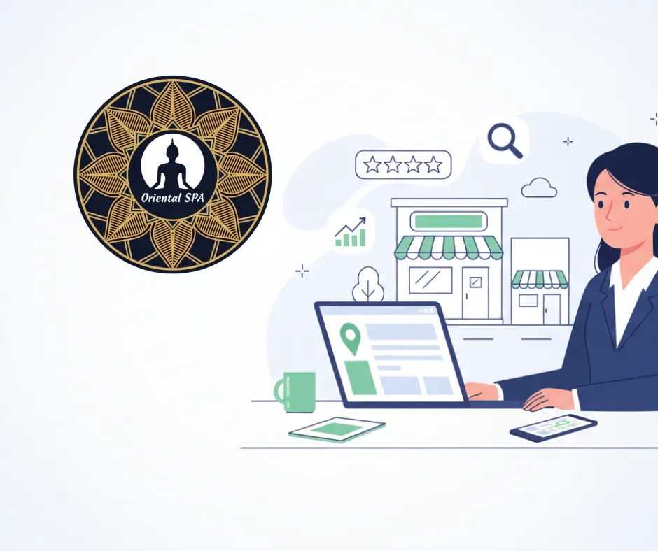 Właściciel lokalnej firmy analizujący wyniki lokalnego SEO na laptopie i mapę Google na smartfonie.