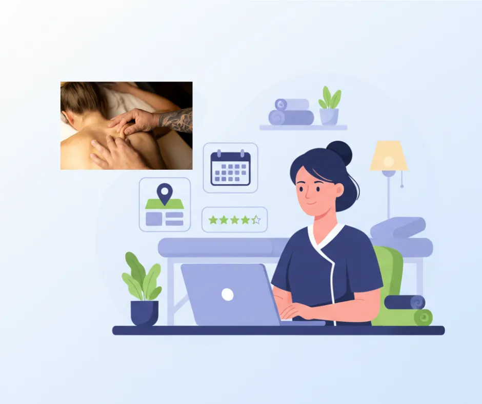 Masażysta pracujący przy laptopie ze stroną internetową gabinetu masażu i systemem rezerwacji online.