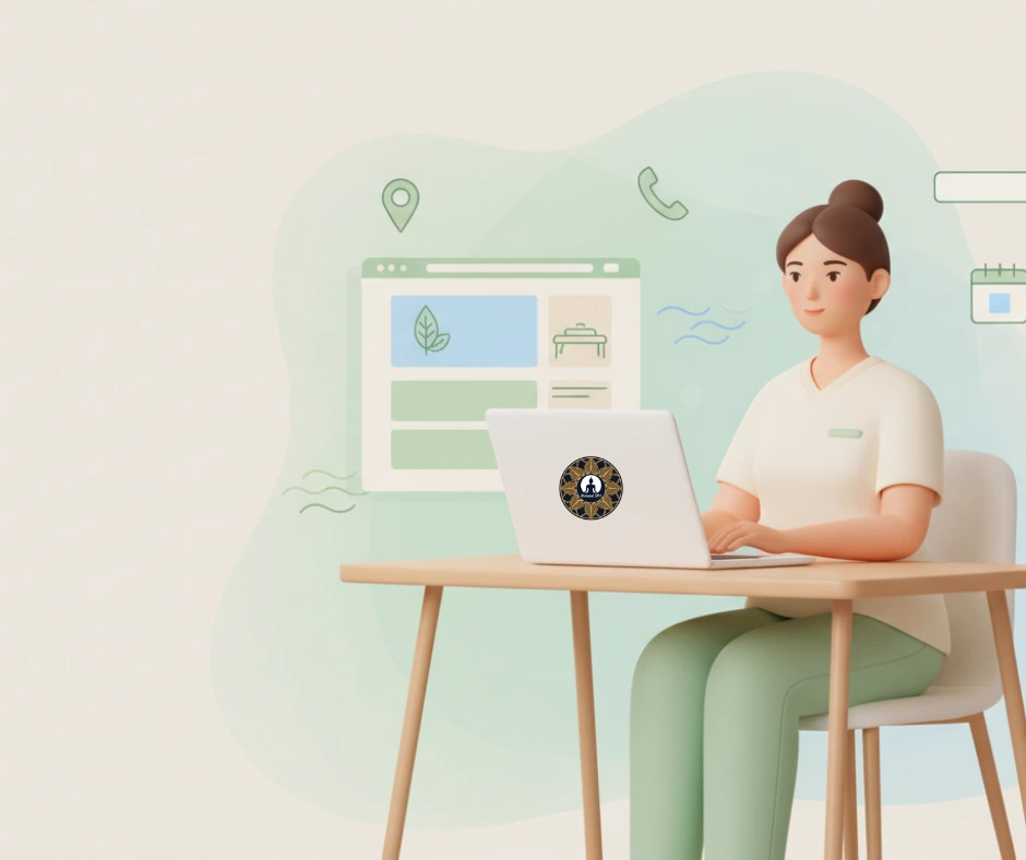 strona internetowa dla masażysty – masażysta przy laptopie tworzy stronę www gabinetu masażu