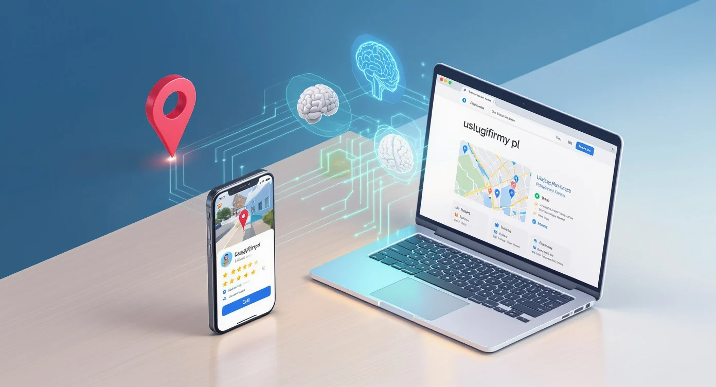 Strona internetowa i wizytówka Google – smartfon z profilem firmy w Mapach Google i laptop ze stroną lokalnej firmy usługowej