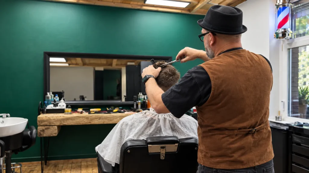 Barber Szczecin – Jerzy Szewczuk strzyże włosy klientowi nożyczkami przy lustrze w JerzyBarbershop