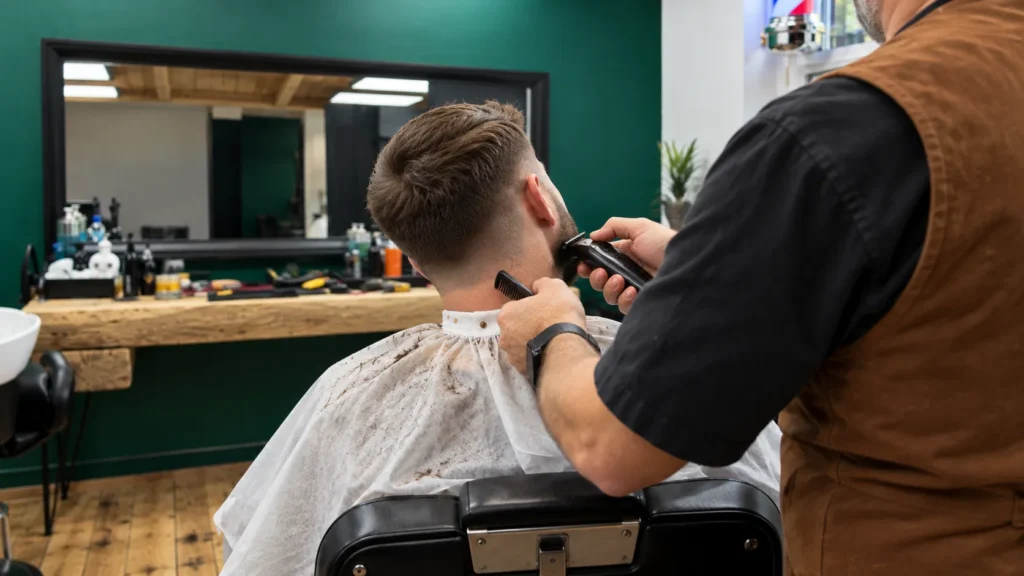Barber Szczecin – wykończenie fade i linii karku trymerem podczas usługi Combo w JerzyBarbershop