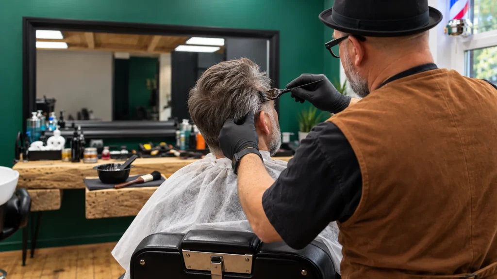Barber Szczecin – aplikacja koloryzacji na siwiejące włosy podczas usługi odsiwiania w JerzyBarbershop