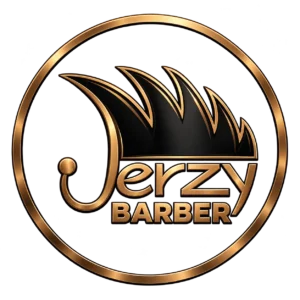 Logo Jerzy Barber w kolorze złoto-miedzianym z motywem stylizowanych włosów i okrągłą obwódką.