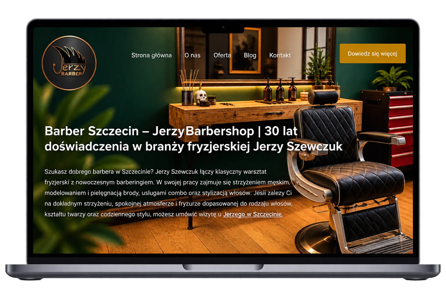 Przykładowa strona internetowa JerzyBarbershop w Szczecinie na laptopie