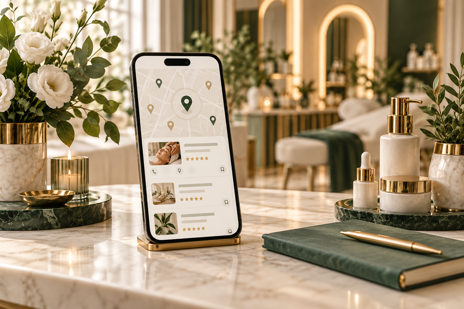 Lokalne SEO dla branży Beauty - smartfon z mapą i wizytówką firmy