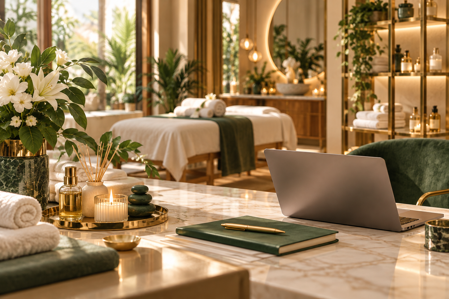 Oriental SPA - eleganckie wnętrze gabinetu z laptopem i ciepłym światłem
