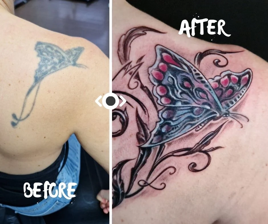 Cover-up: stary motyw i nowy tatuaż motyla - przed i po