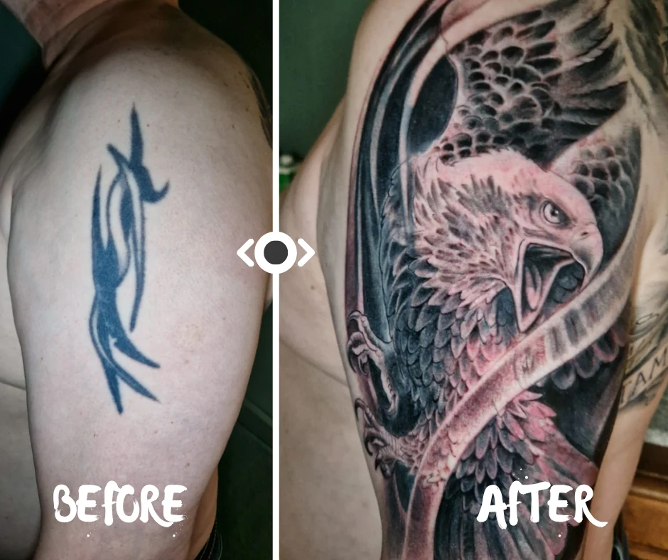 Cover-up: stary tribal i nowy tatuaż orła - przed i po
