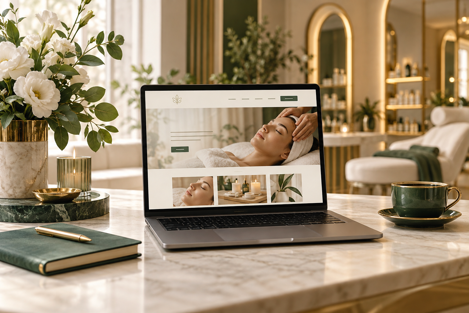 Strony internetowe dla branży Beauty - laptop w eleganckim wnętrzu SPA