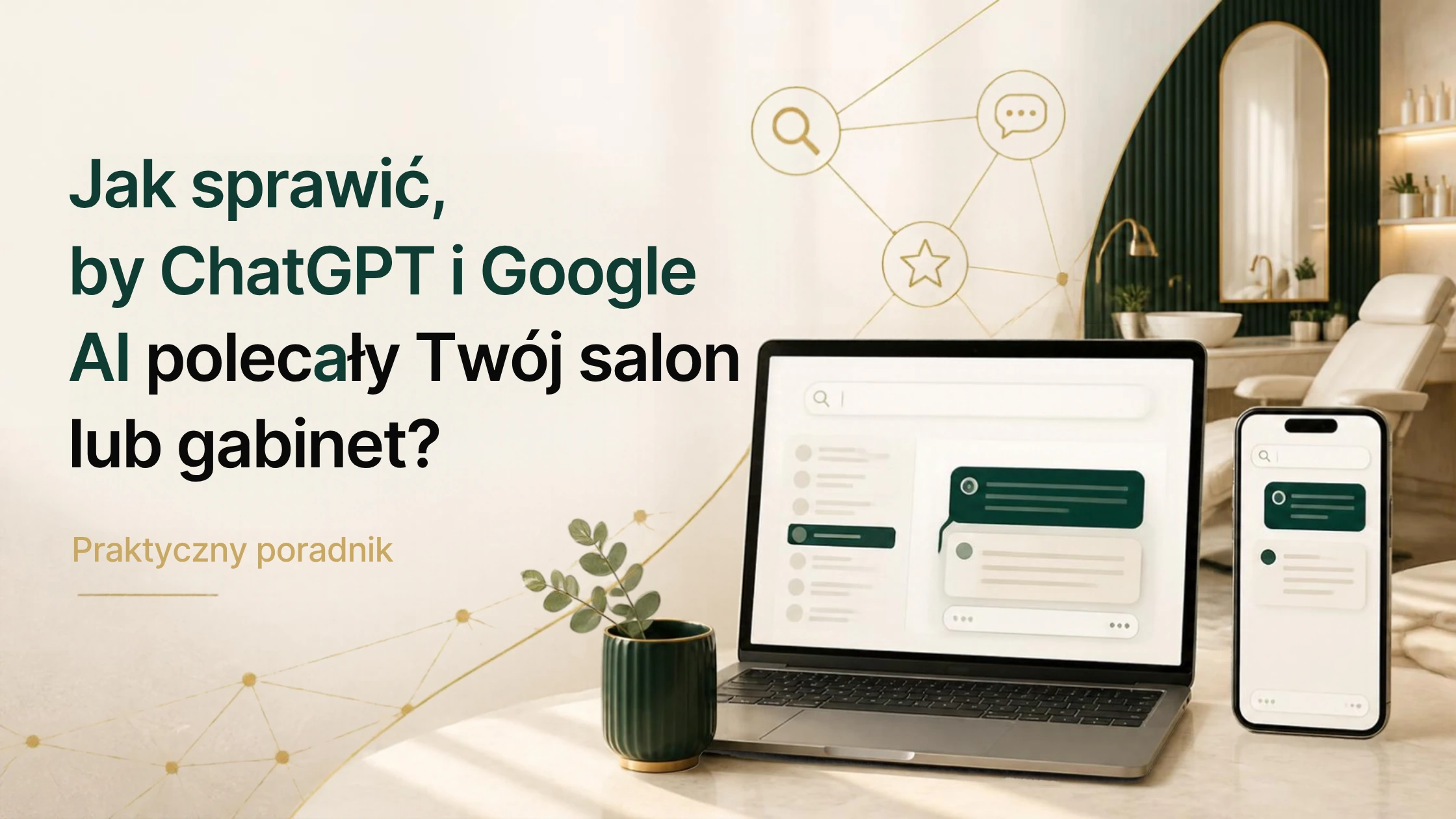Widoczność w AI dla salonu i gabinetu - poradnik o ChatGPT i Google AI, laptop i telefon we wnętrzu beauty